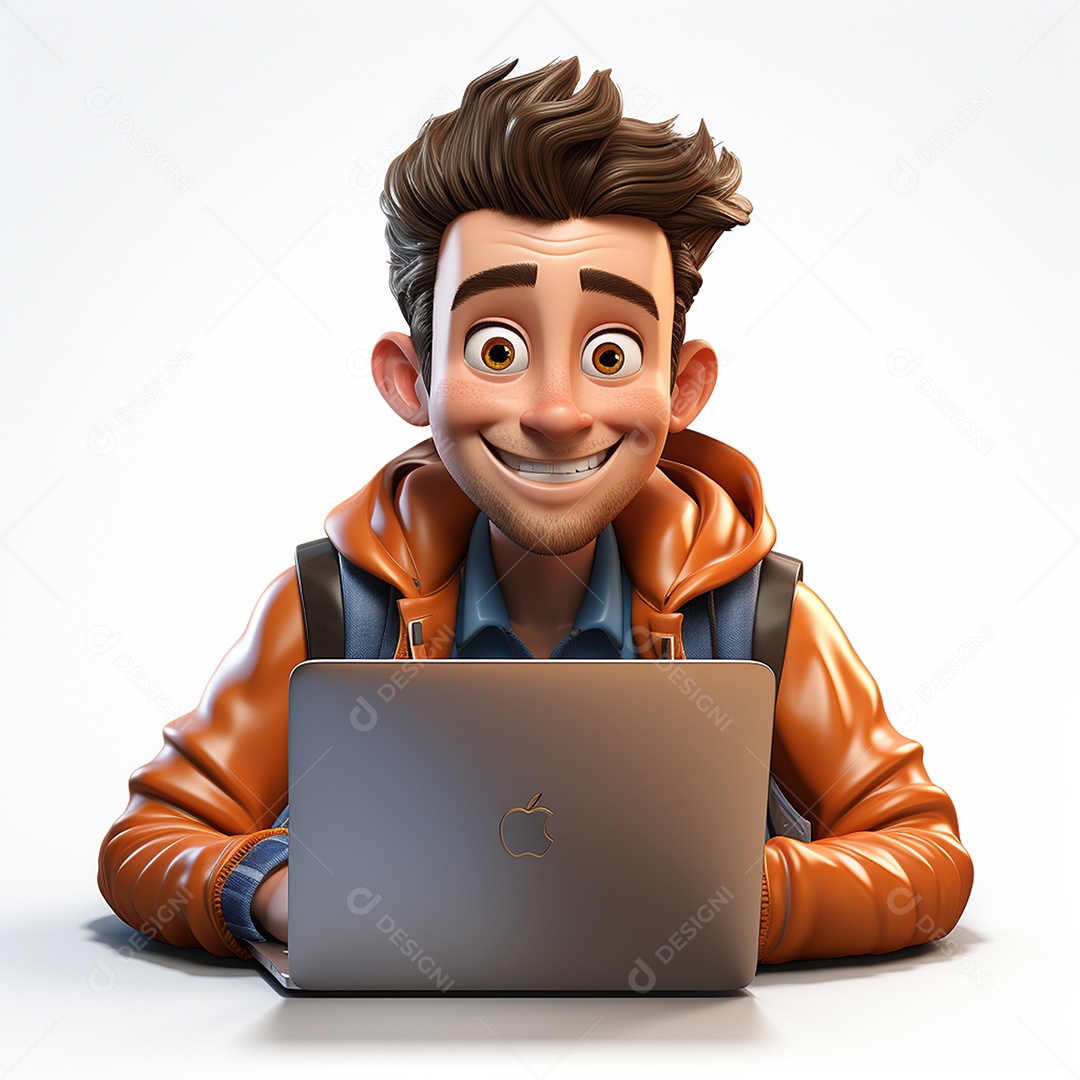 Homem feliz dos desenhos animados 3D usando laptop localizado em fundo branco transparente