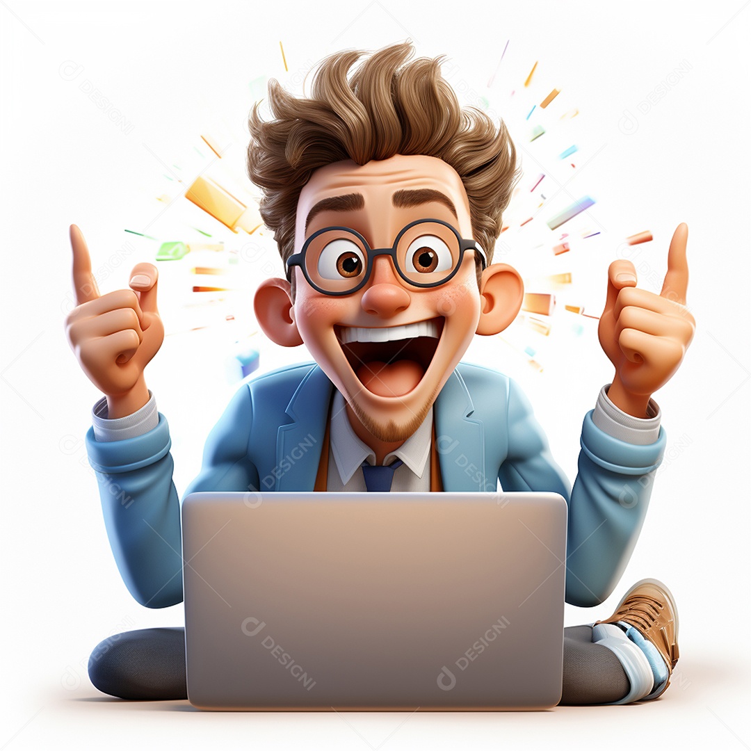 Homem feliz dos desenhos animados 3D usando laptop localizado em fundo branco transparente