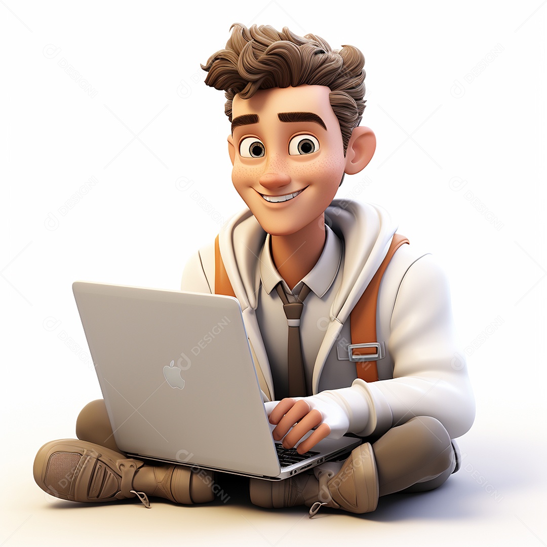 Homem feliz dos desenhos animados 3D usando laptop localizado em fundo branco transparente