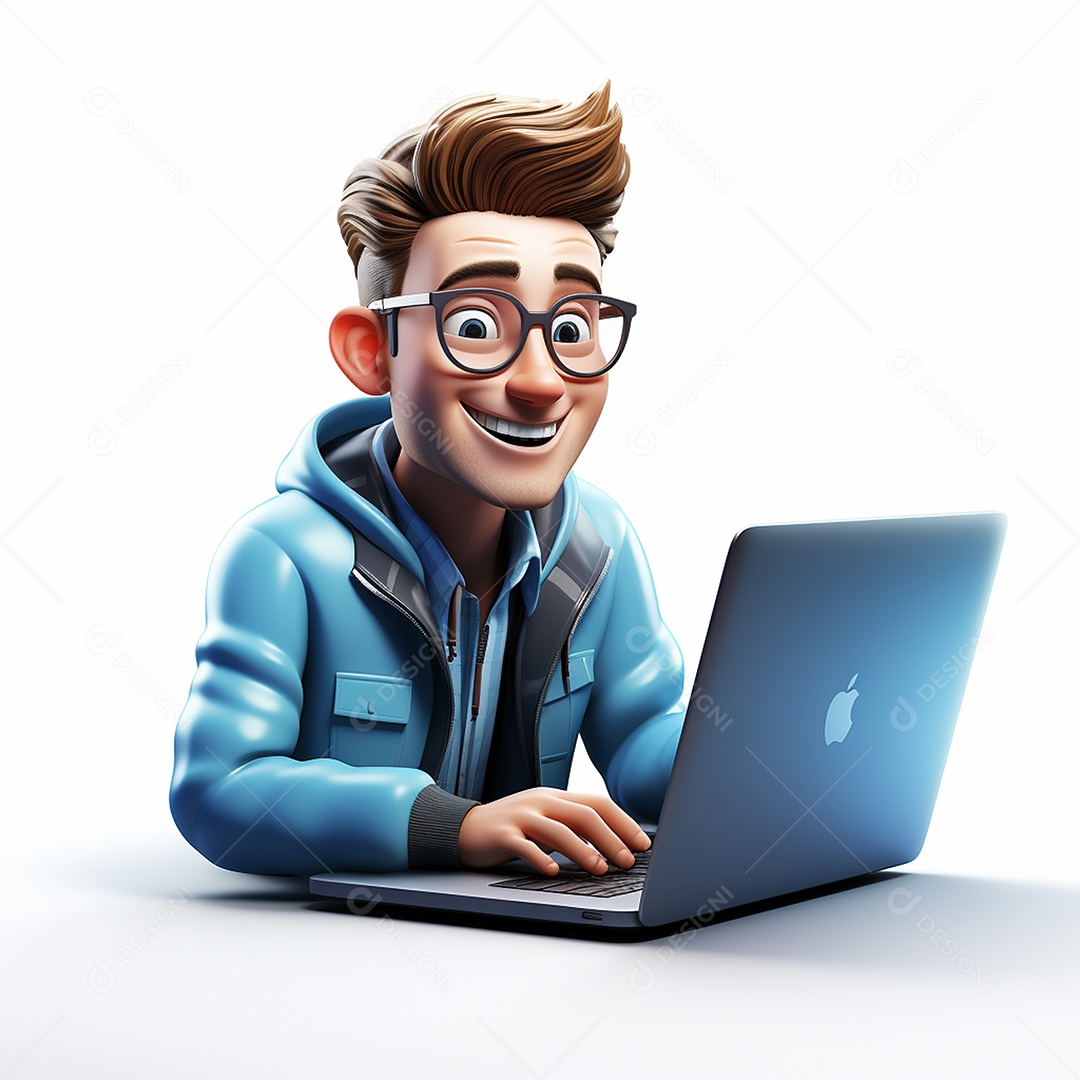 Homem feliz dos desenhos animados 3D usando laptop localizado em fundo branco transparente