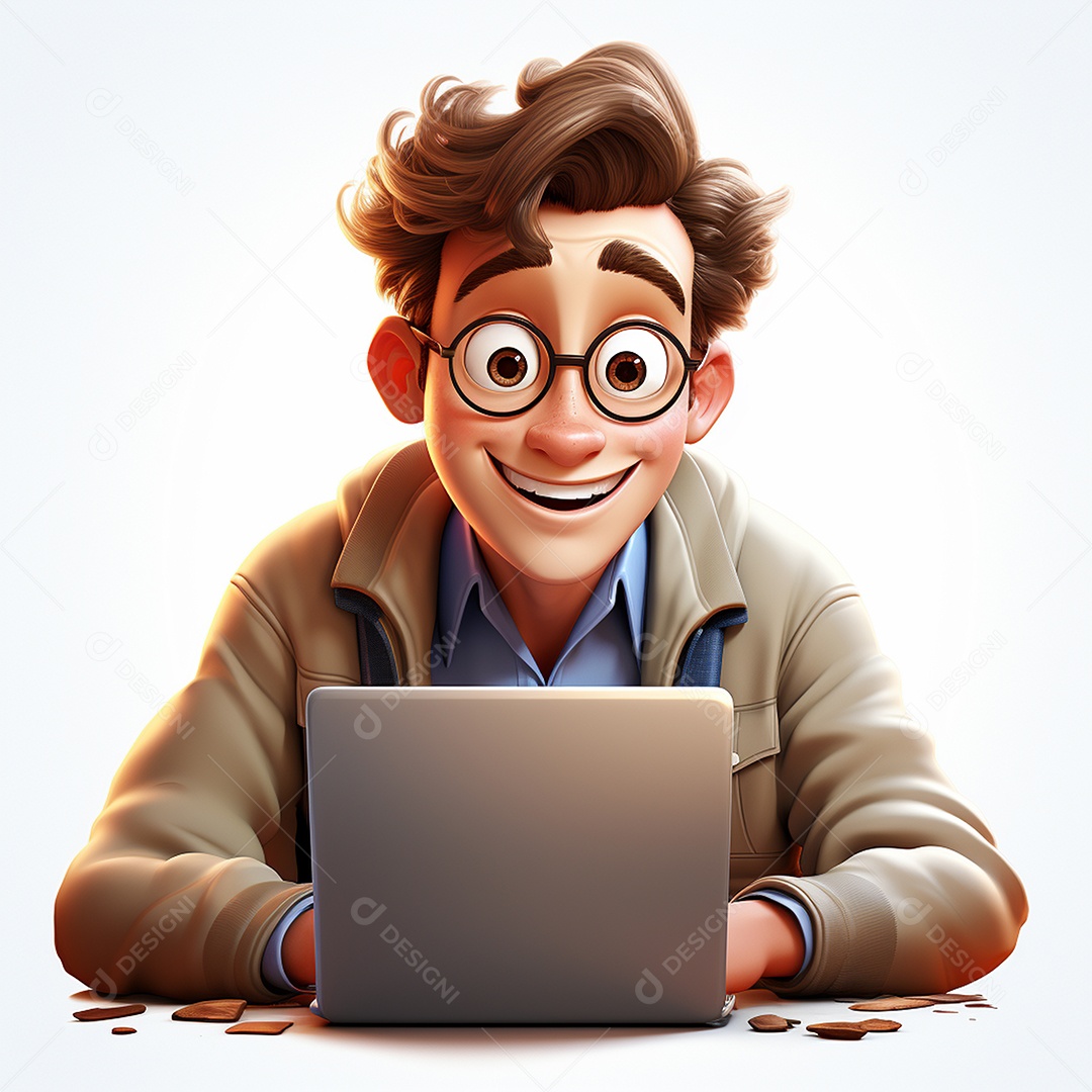 Homem feliz dos desenhos animados 3D usando laptop localizado em fundo branco transparente