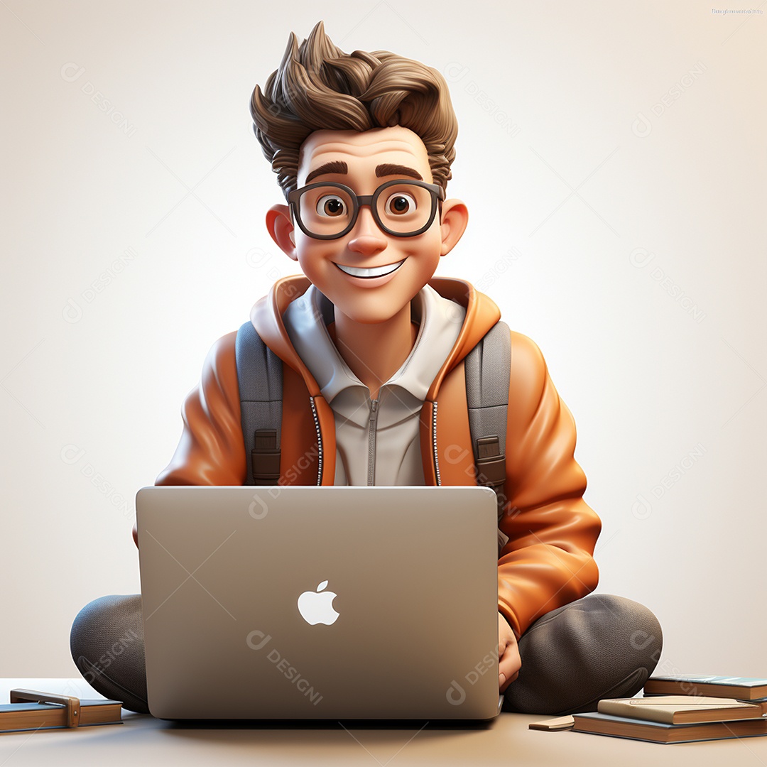 Homem feliz dos desenhos animados 3D usando laptop localizado em fundo branco transparente