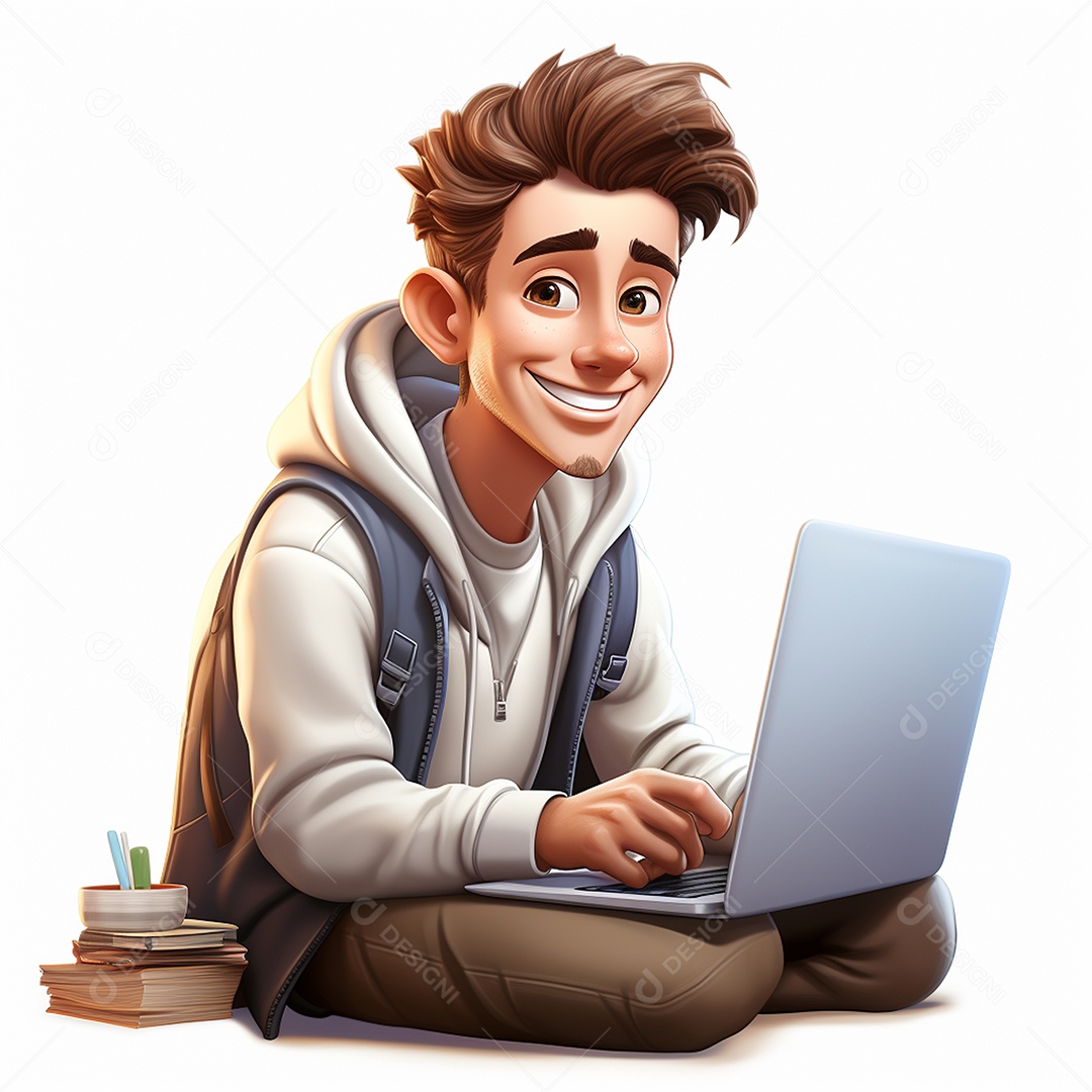 Homem feliz dos desenhos animados 3D usando laptop localizado em fundo branco transparente