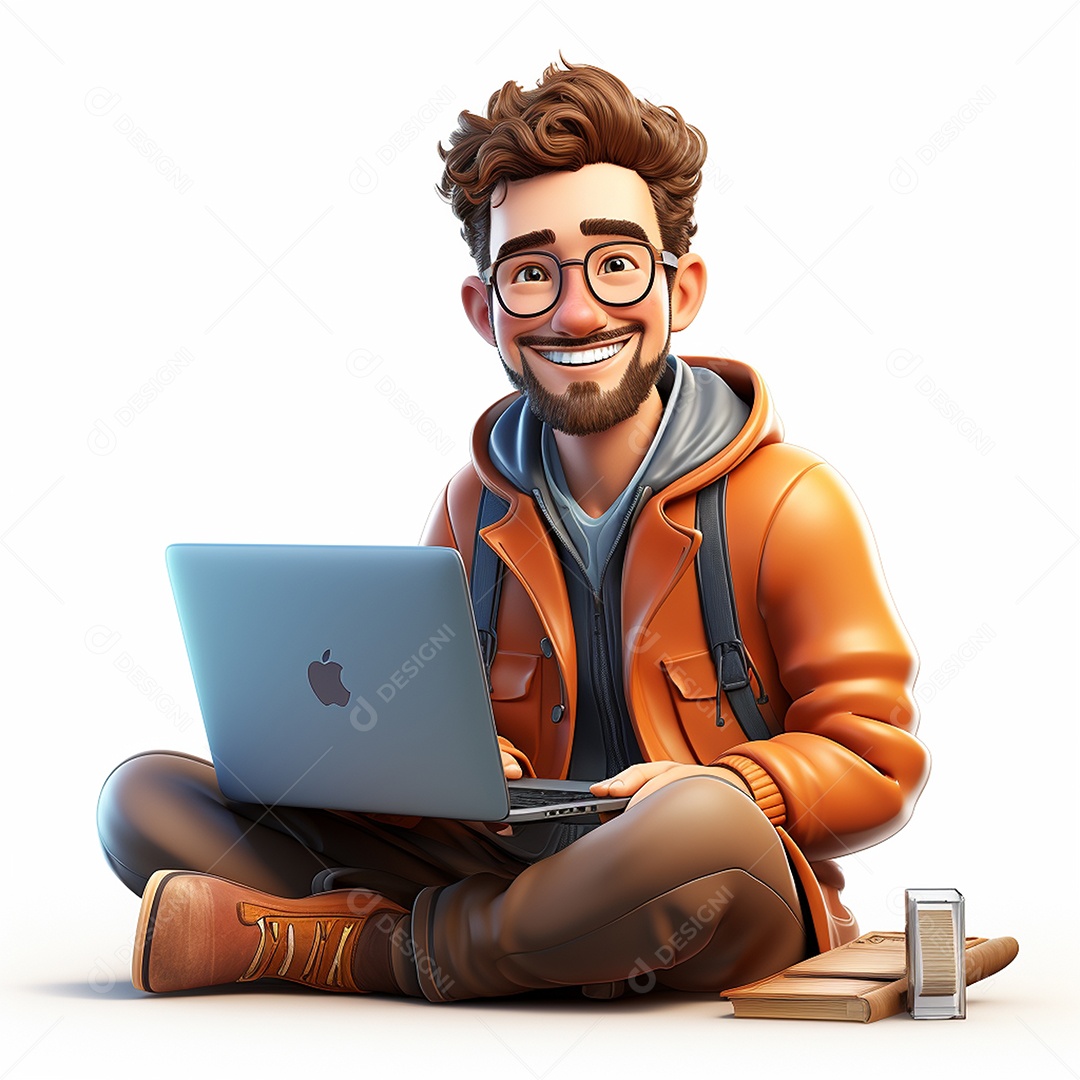 Homem feliz dos desenhos animados 3D usando laptop localizado em fundo branco transparente