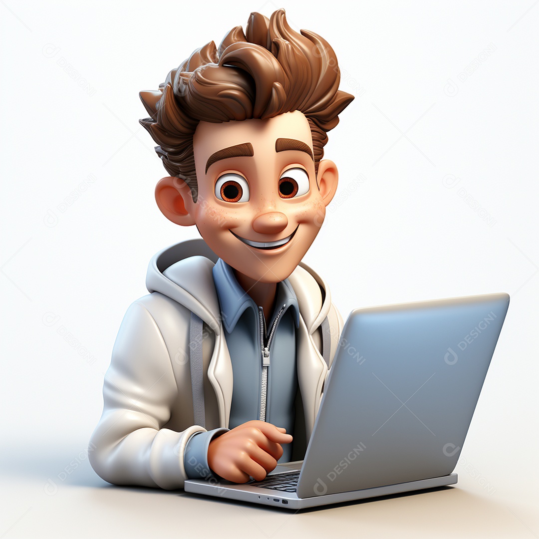 Homem feliz dos desenhos animados 3D usando laptop localizado em fundo branco transparente