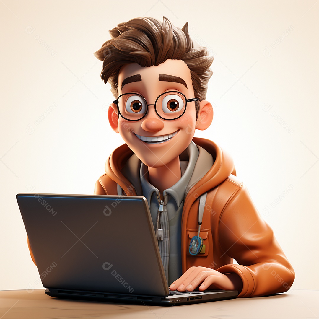 Homem feliz dos desenhos animados 3D usando laptop localizado em fundo branco transparente