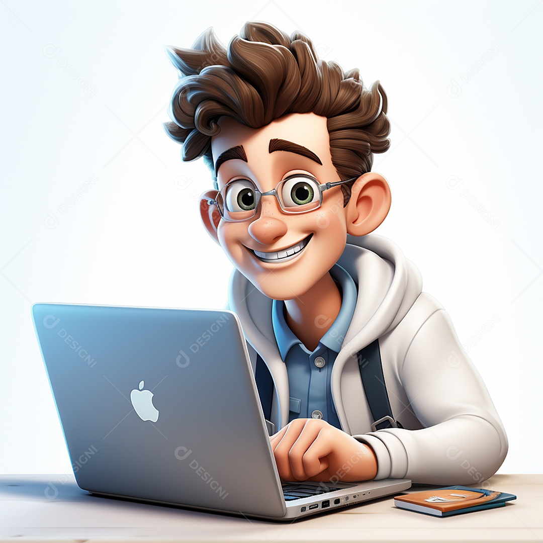 Homem feliz dos desenhos animados 3D usando laptop localizado em fundo branco transparente