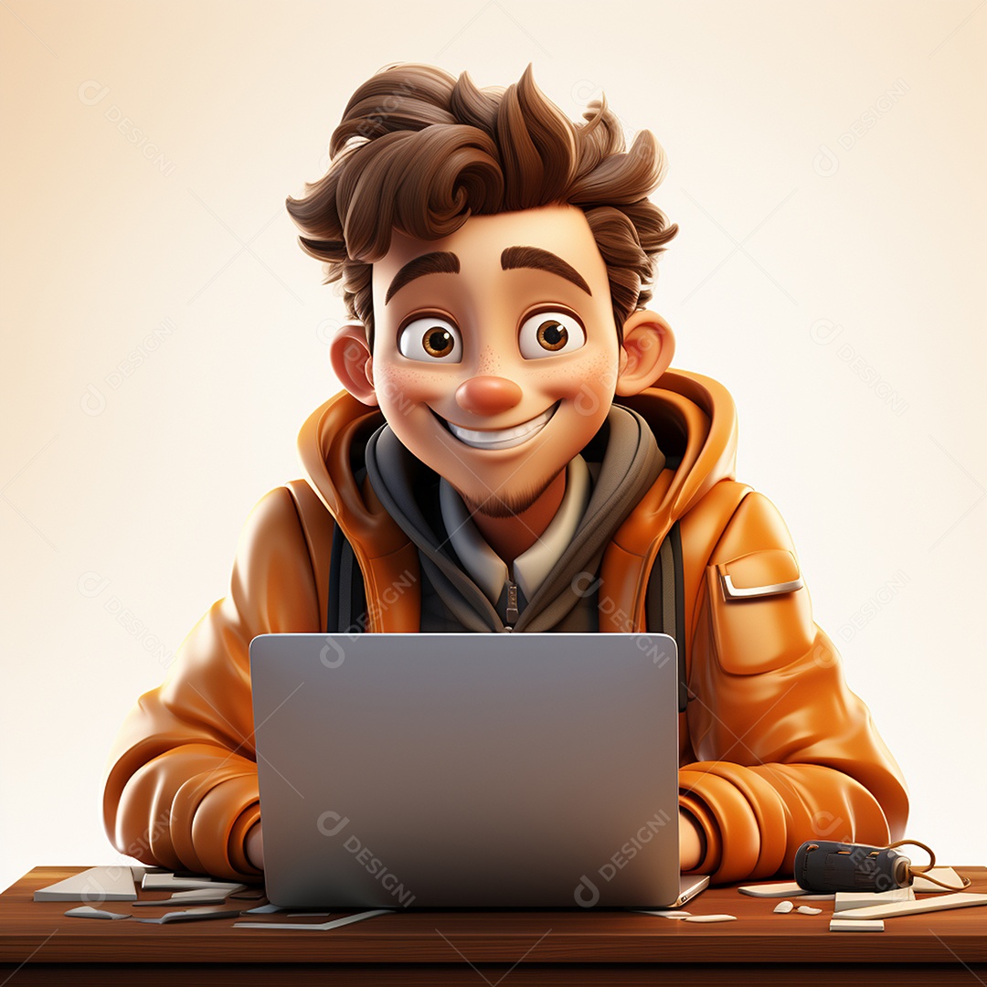 Homem feliz dos desenhos animados 3D usando laptop localizado em fundo branco transparente