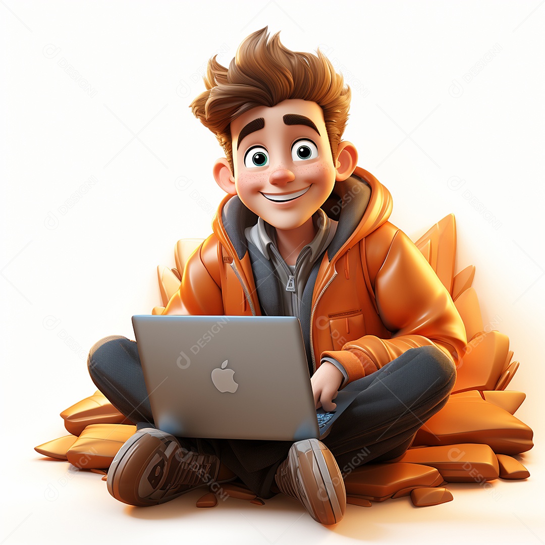 Homem feliz dos desenhos animados 3D usando laptop localizado em fundo branco transparente
