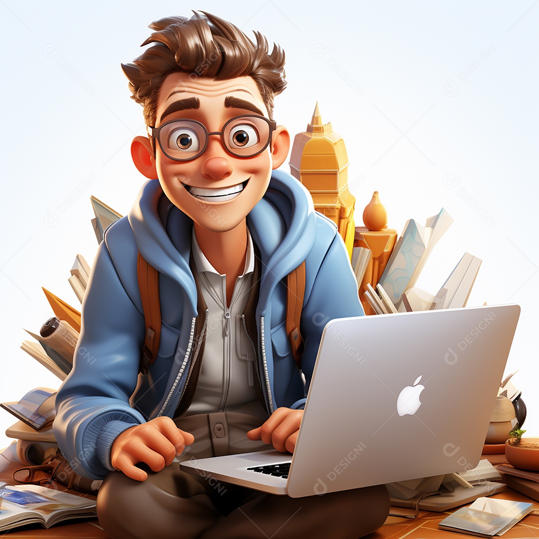 Homem feliz dos desenhos animados 3D usando laptop localizado em fundo branco transparente