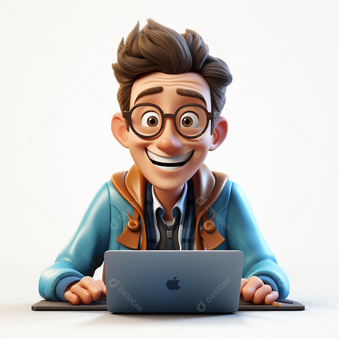 Homem feliz dos desenhos animados 3D usando laptop localizado em fundo branco transparente