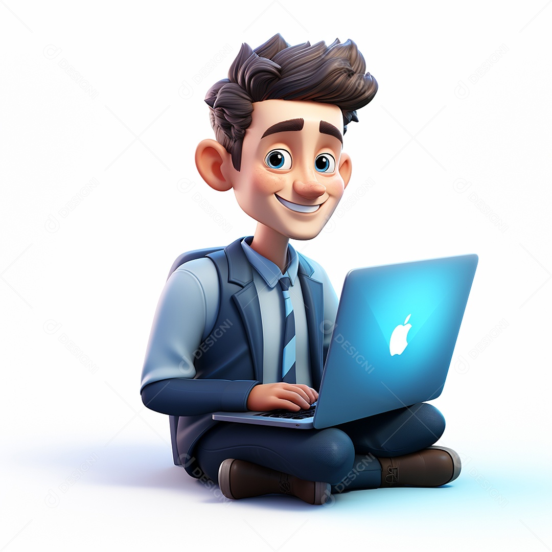 Homem feliz dos desenhos animados 3D usando laptop localizado em fundo branco transparente