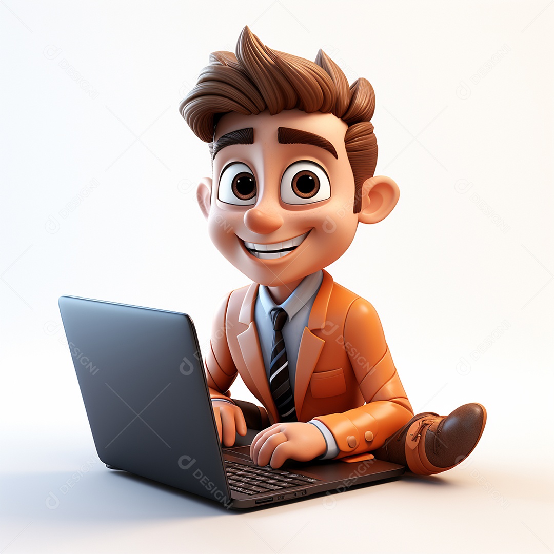 Homem feliz dos desenhos animados 3D usando laptop localizado em fundo branco transparente