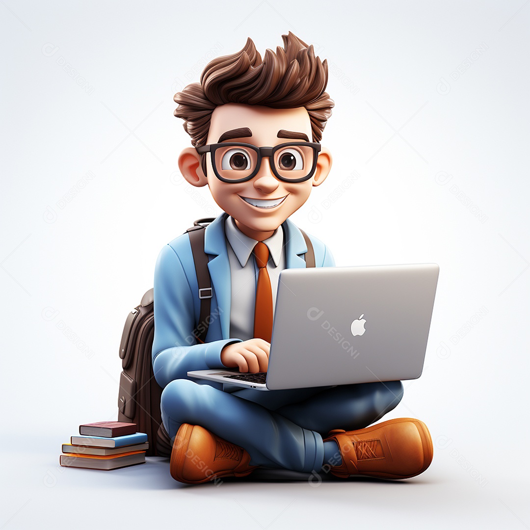 Homem feliz dos desenhos animados 3D usando laptop localizado em fundo branco transparente