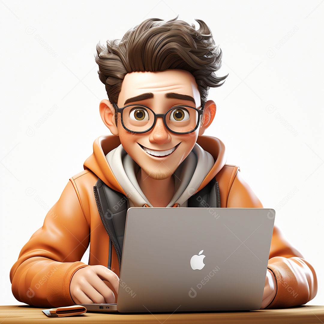 Homem feliz dos desenhos animados 3D usando laptop localizado em fundo branco transparente