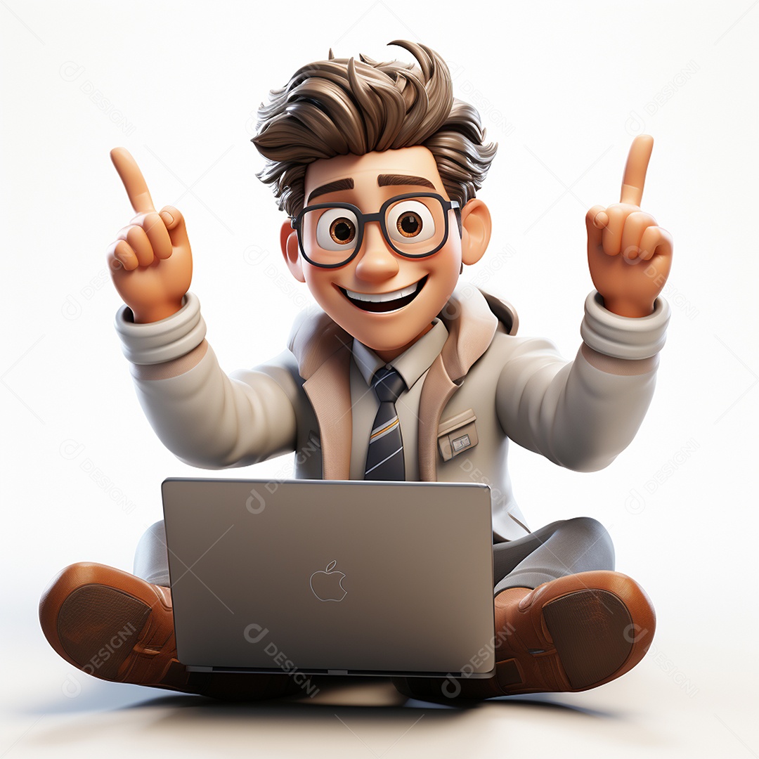 Homem feliz dos desenhos animados 3D usando laptop localizado em fundo branco transparente