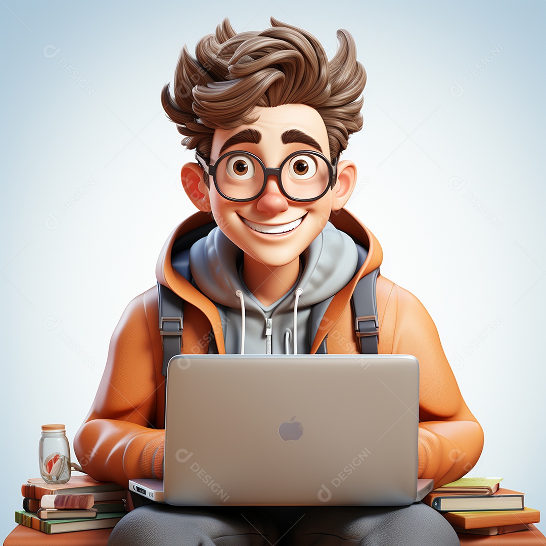 Homem feliz dos desenhos animados 3D usando laptop localizado em fundo branco transparente