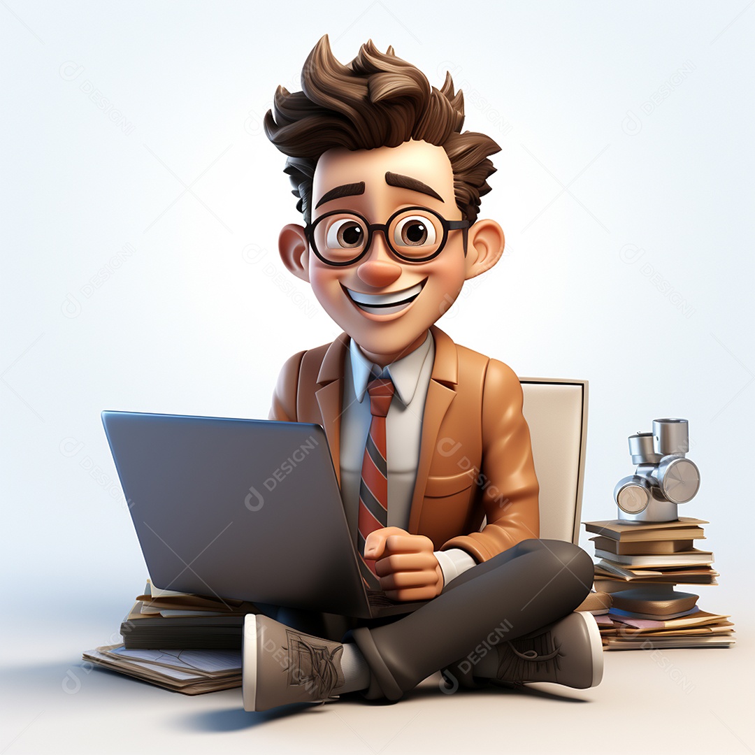 Homem feliz dos desenhos animados 3D usando laptop localizado em fundo branco transparente