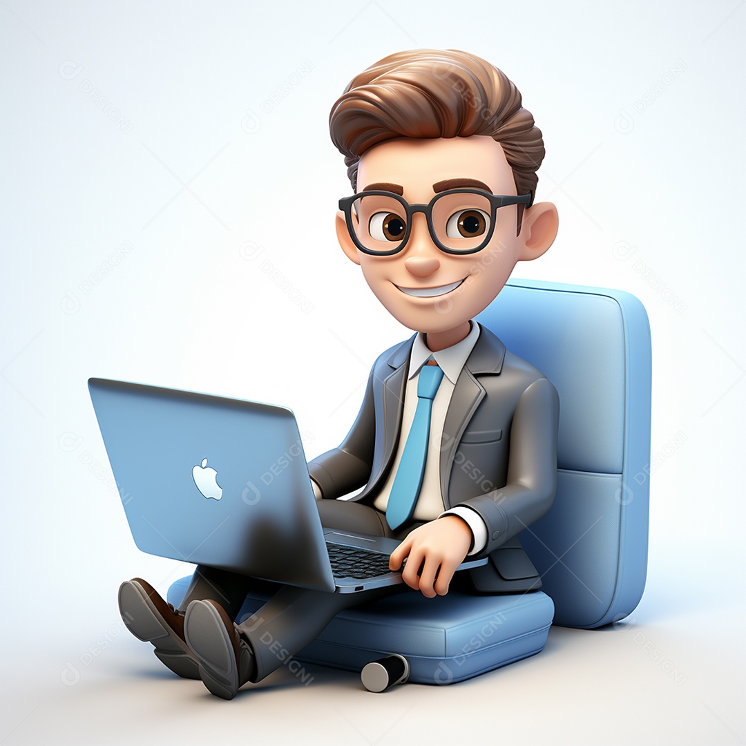Homem feliz dos desenhos animados 3D usando laptop localizado em fundo branco transparente