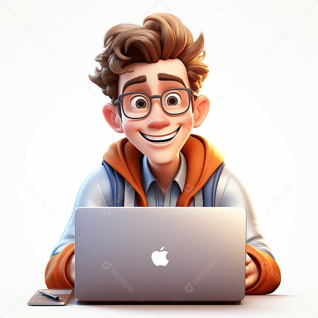 Homem feliz dos desenhos animados 3D usando laptop localizado em fundo branco transparente