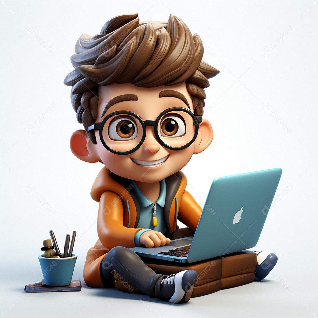 Homem feliz dos desenhos animados 3D usando laptop localizado em fundo branco transparente