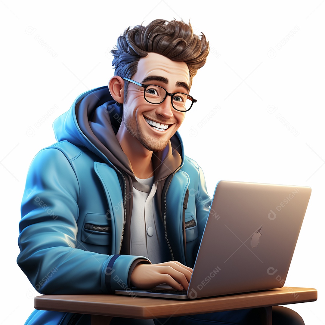 Homem feliz dos desenhos animados 3D usando laptop localizado em fundo branco transparente