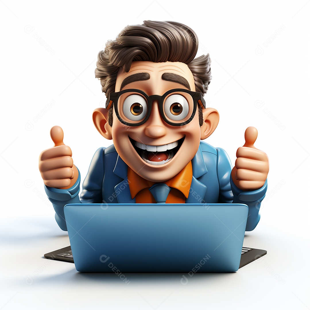 Homem feliz dos desenhos animados 3D usando laptop localizado em fundo branco transparente