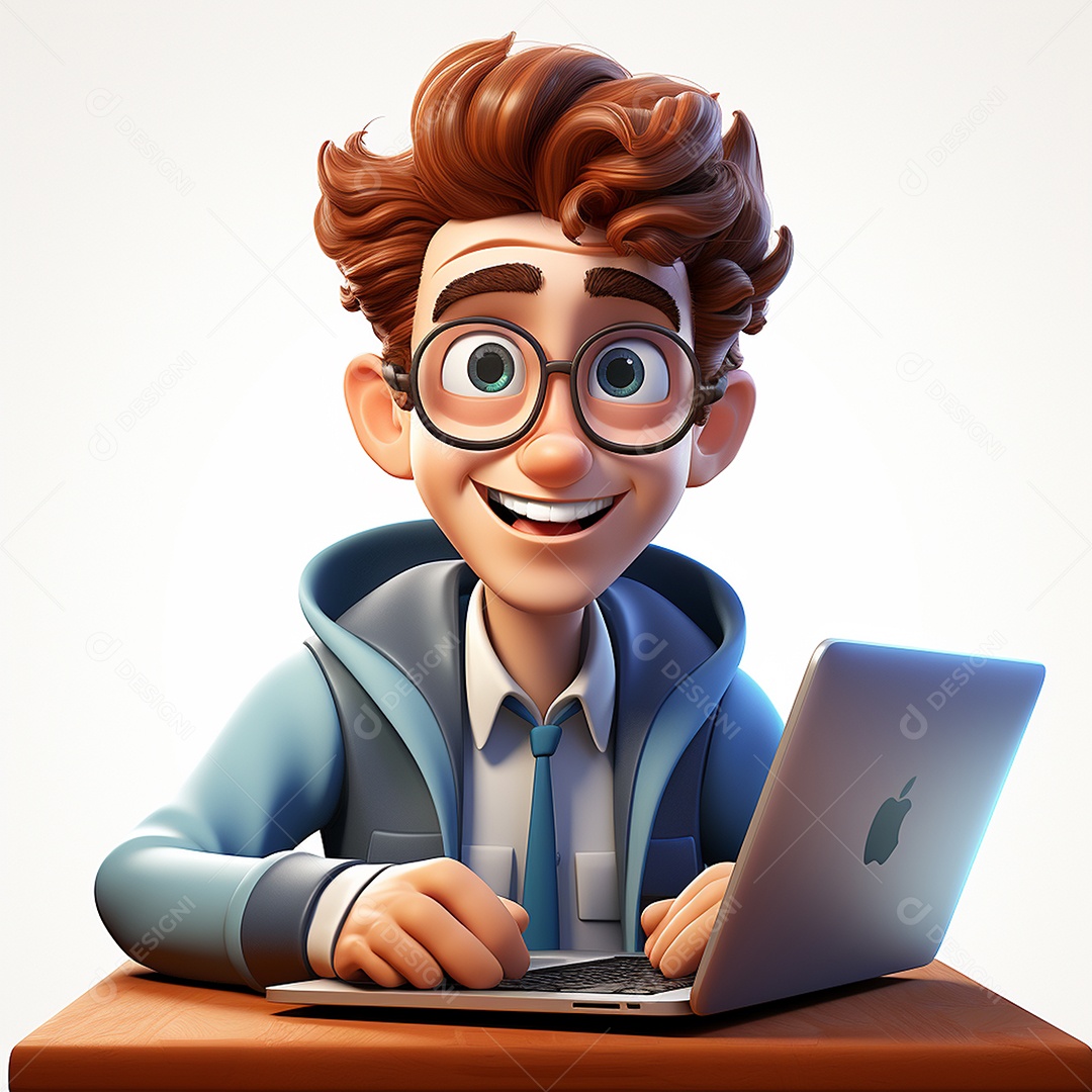 Homem feliz dos desenhos animados 3D usando laptop localizado em fundo branco transparente