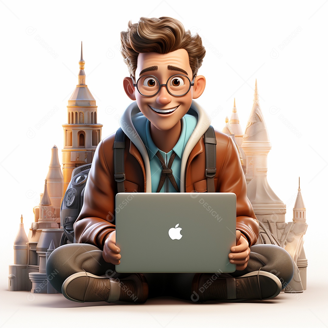 Homem feliz dos desenhos animados 3D usando laptop localizado em fundo branco transparente