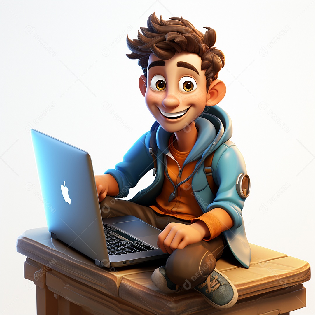 Homem feliz dos desenhos animados 3D usando laptop localizado em fundo branco transparente