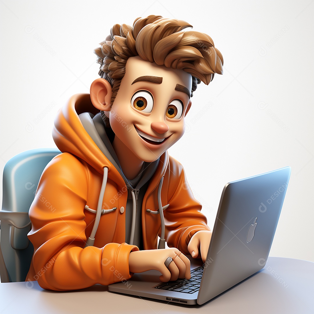 Homem feliz dos desenhos animados 3D usando laptop localizado em fundo branco transparente