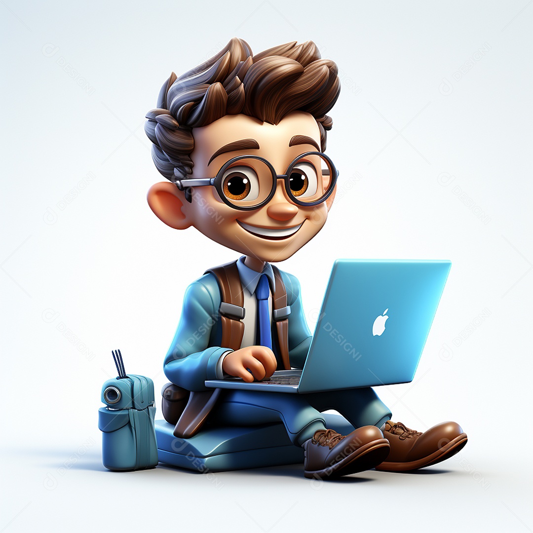 Homem feliz dos desenhos animados 3D usando laptop localizado em fundo branco transparente