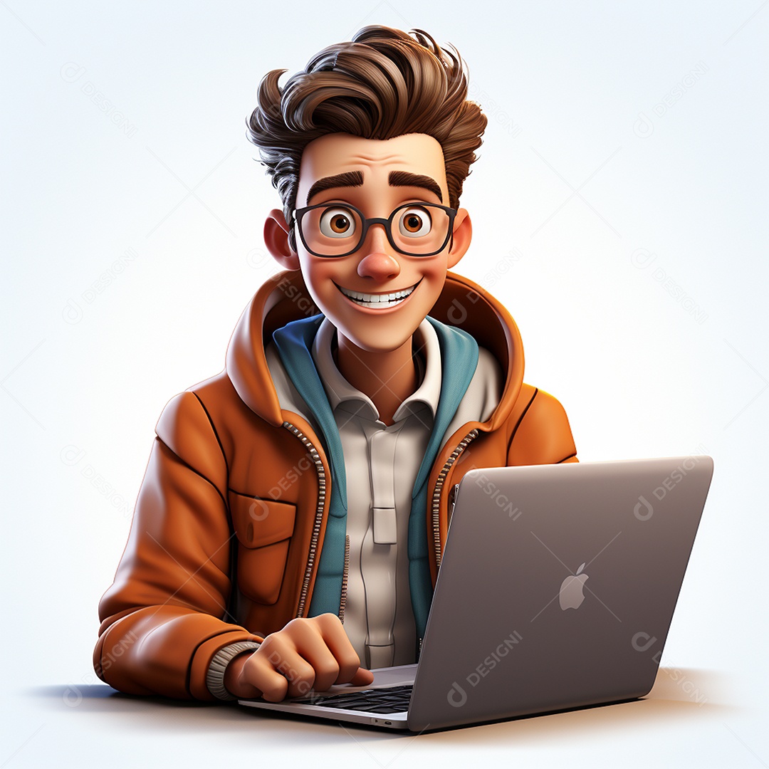 Homem feliz dos desenhos animados 3D usando laptop localizado em fundo branco transparente