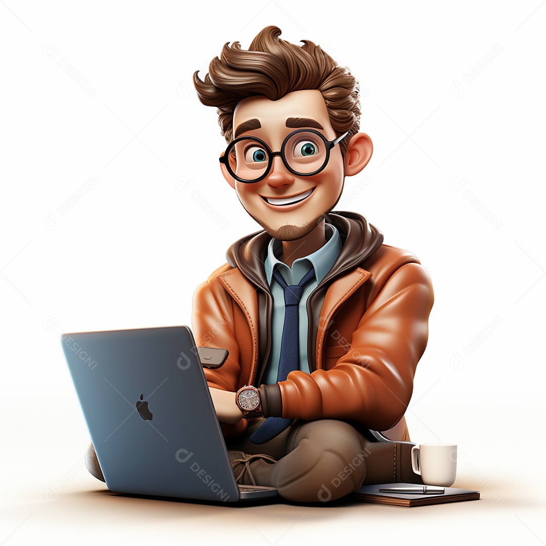 Homem feliz dos desenhos animados 3D usando laptop localizado em fundo branco transparente