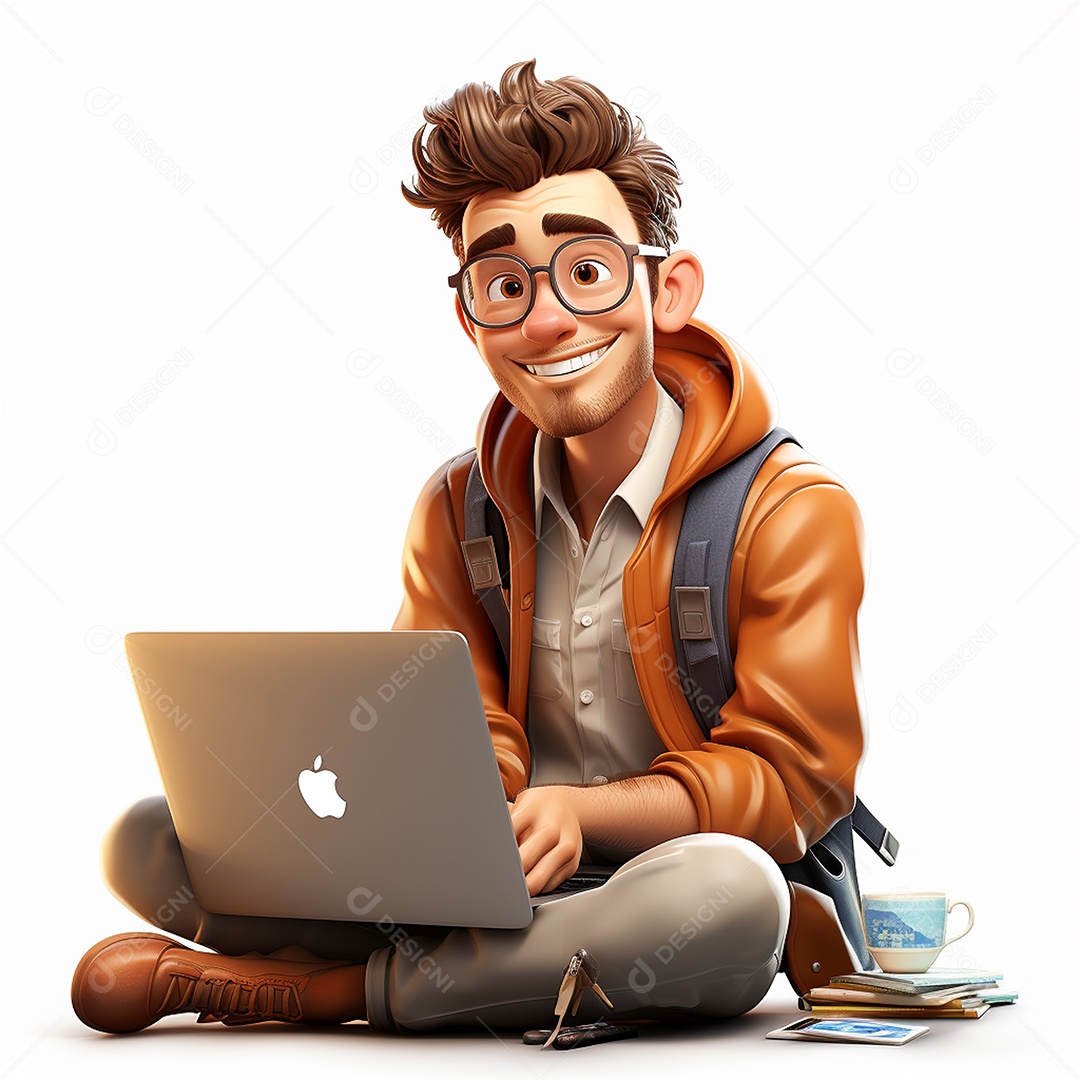 Homem feliz dos desenhos animados 3D usando laptop localizado em fundo branco transparente