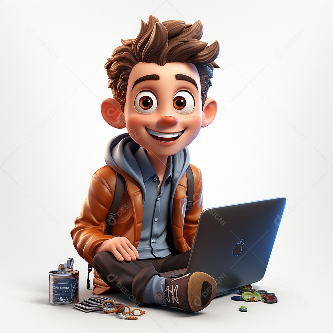 Homem feliz dos desenhos animados 3D usando laptop localizado em fundo branco transparente