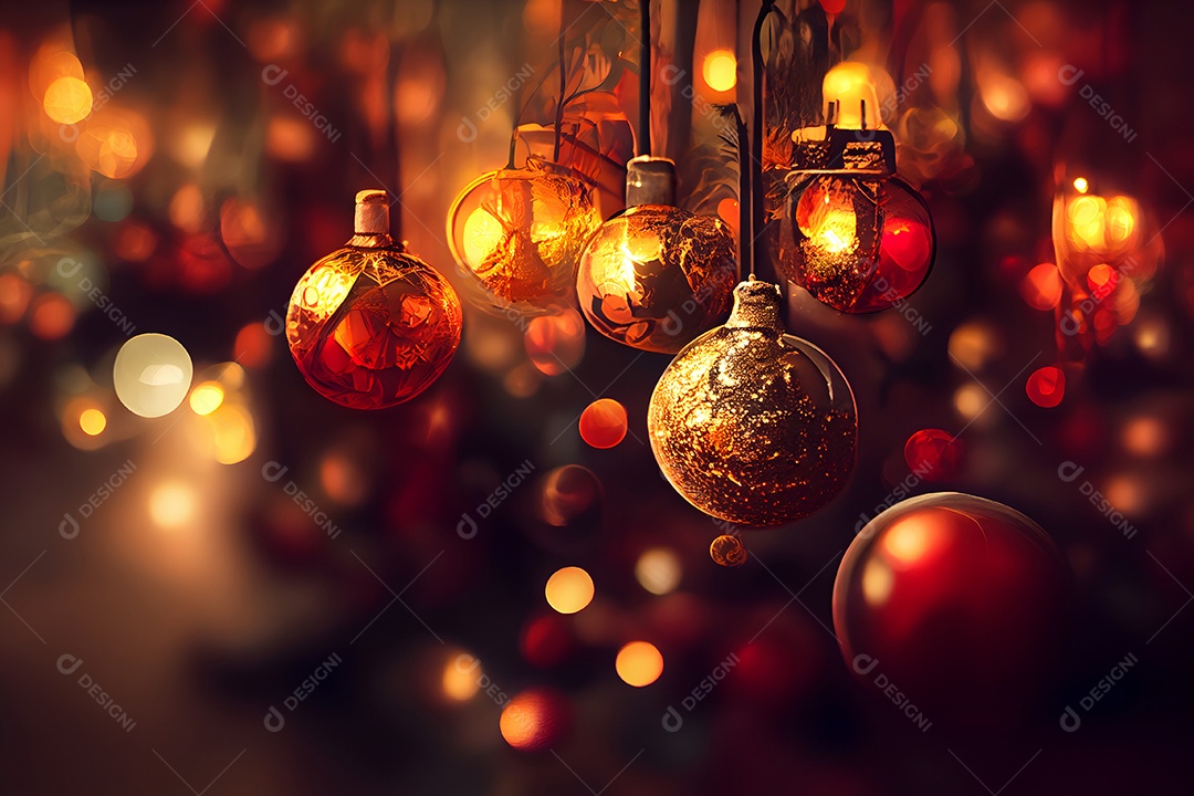 Fundo de decorações de Natal em close-up com foco seletivo e desfoque de fundo