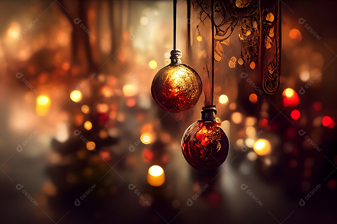 Fundo de decorações de Natal em close-up com foco seletivo e desfoque de fundo