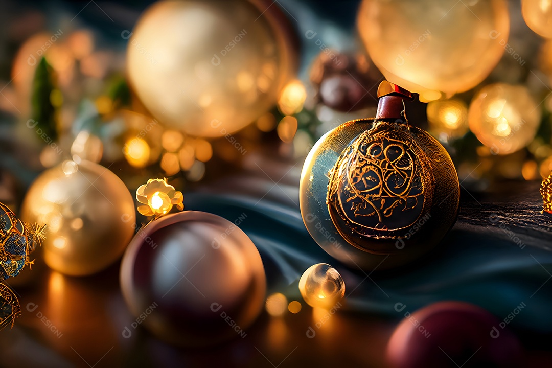 Fundo de decorações de Natal em close-up com foco seletivo e desfoque de fundo