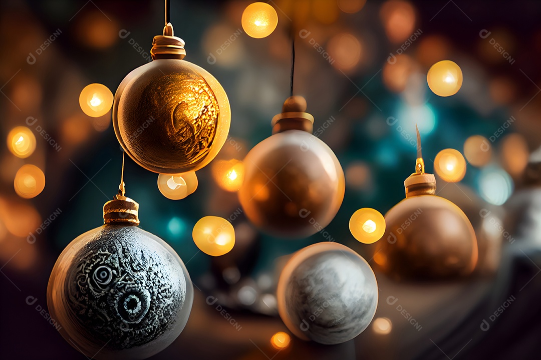 Fundo de decorações de Natal em close-up com foco seletivo e desfoque de fundo