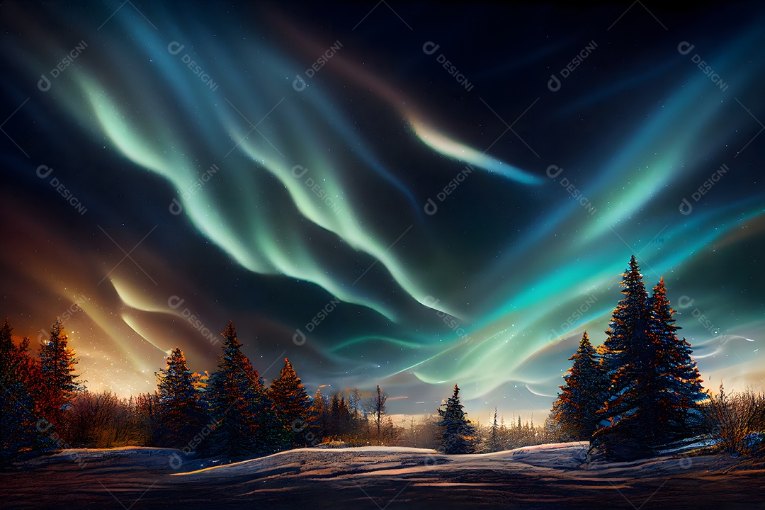 Paisagem terrestre noturna com luzes da aurora boreal no céu arte gerada por rede neural