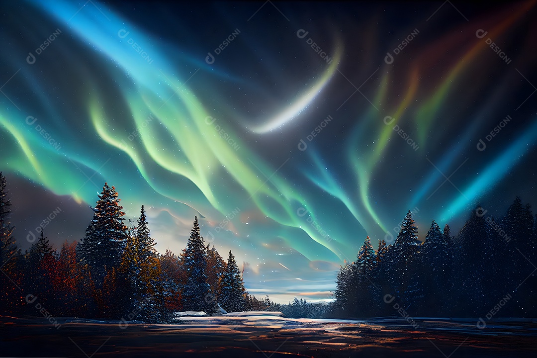 Paisagem terrestre noturna com luzes da aurora boreal no céu arte gerada por rede neural