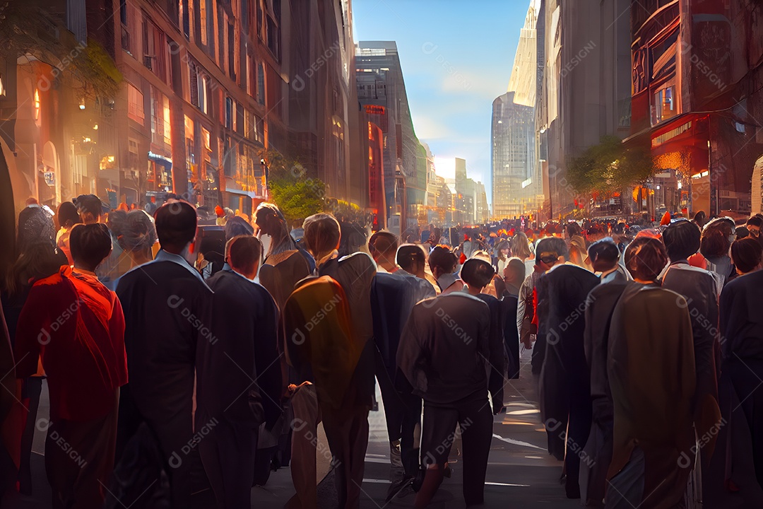 Multidão de pessoas vestindo ternos de escritório caminhando para o trabalho na rua do centro arte gerada por rede neural