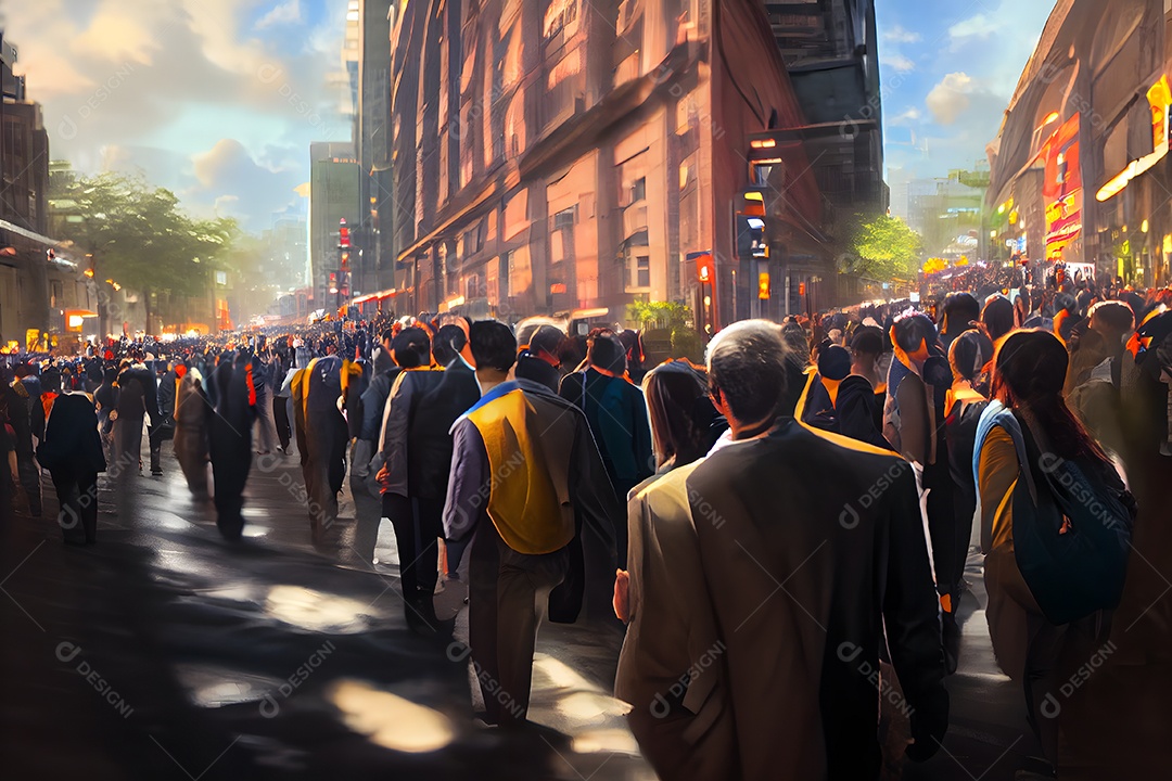 Multidão de pessoas vestindo ternos de escritório caminhando para o trabalho na rua do centro arte gerada por rede neural