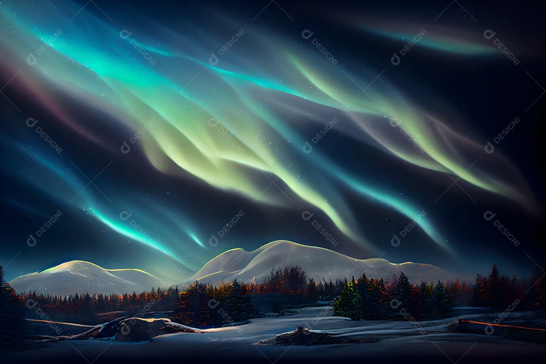 Paisagem terrestre noturna com luzes da aurora boreal no céu arte gerada por rede neural