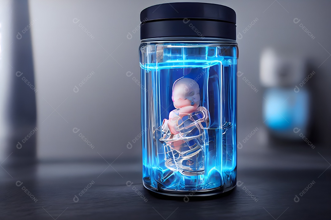 Embrião humano dentro de tanque de reprodução de incubadora conceito de ectogênese arte gerada por rede neural