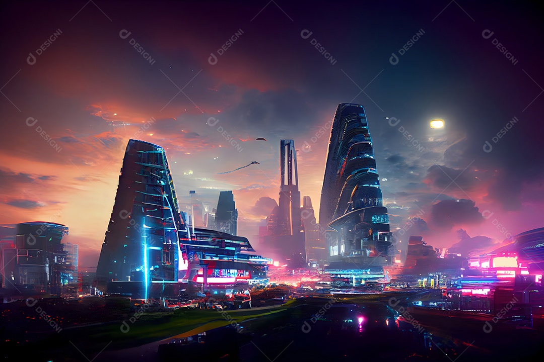 Paisagem urbana utópica noturna futurista abstrata arte gerada por rede neural