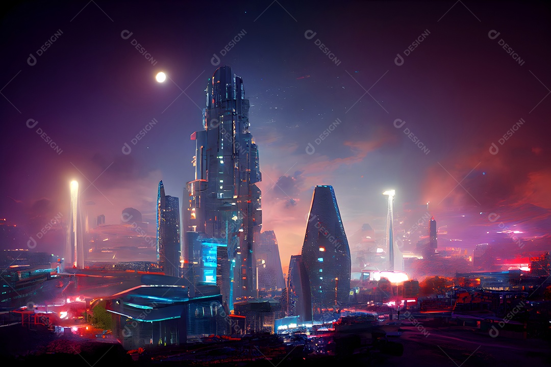 Paisagem urbana utópica noturna futurista abstrata arte gerada por rede neural