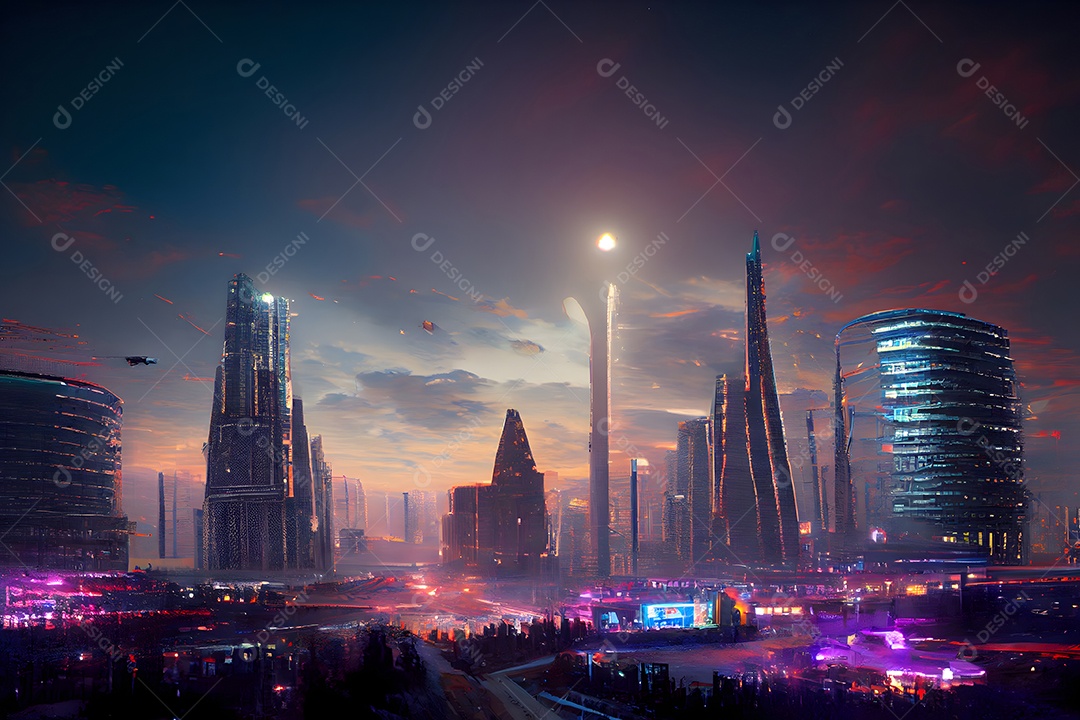 Paisagem urbana utópica noturna futurista abstrata arte gerada por rede neural