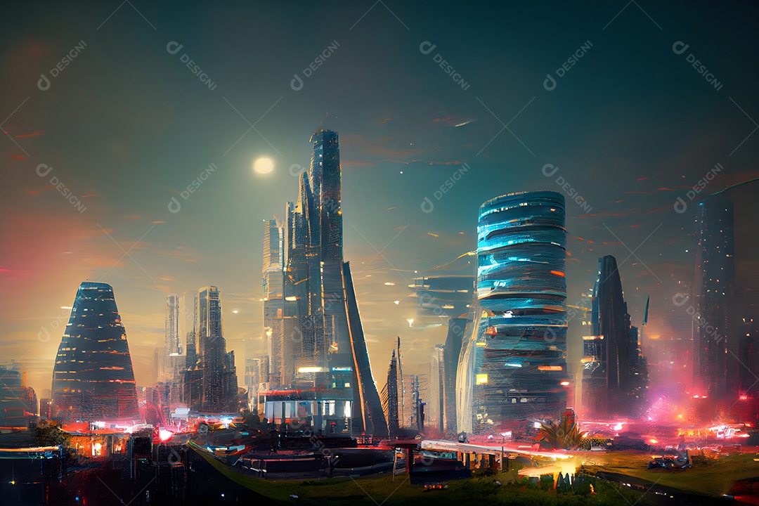Paisagem urbana utópica noturna futurista abstrata arte gerada por rede neural